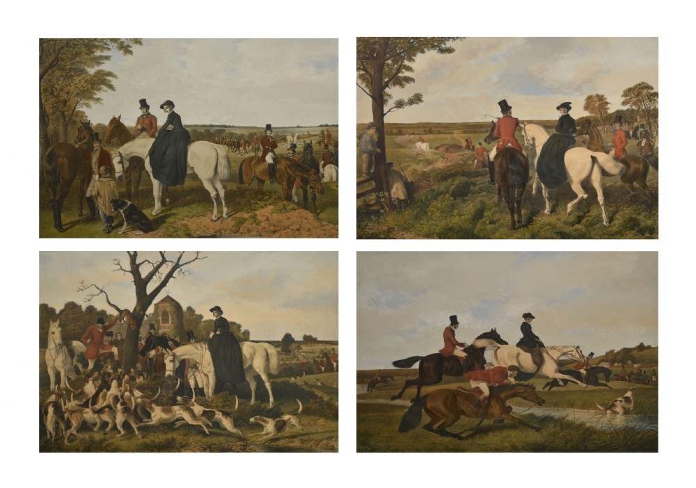 A set of four Victorian colour engravings depicting equestrian scenes with riders in hunting attire, side-saddle horses, and foxhounds in landscape settings.