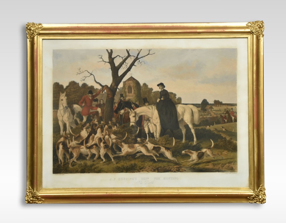 A set of four Victorian colour engravings depicting equestrian scenes with riders in hunting attire, side-saddle horses, and foxhounds in landscape settings. View II