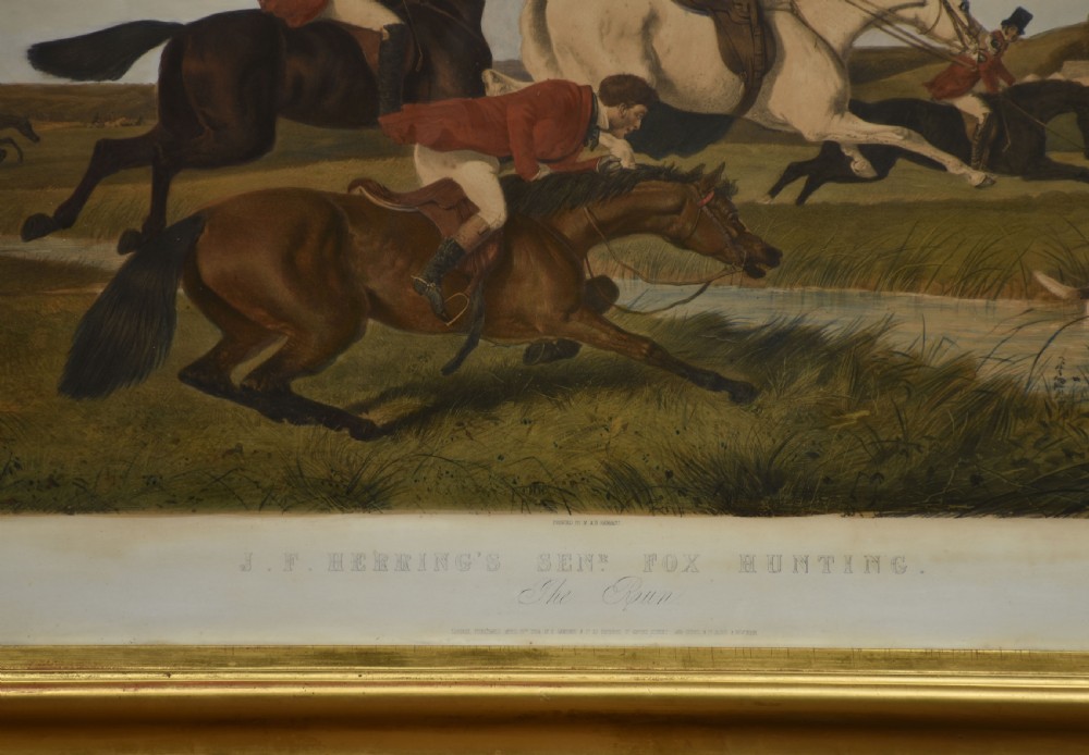 A set of four Victorian colour engravings depicting equestrian scenes with riders in hunting attire, side-saddle horses, and foxhounds in landscape settings. View III