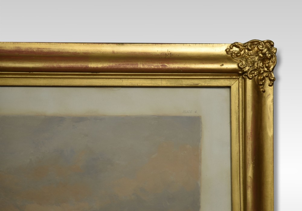 A set of four Victorian colour engravings depicting equestrian scenes with riders in hunting attire, side-saddle horses, and foxhounds in landscape settings. View IV