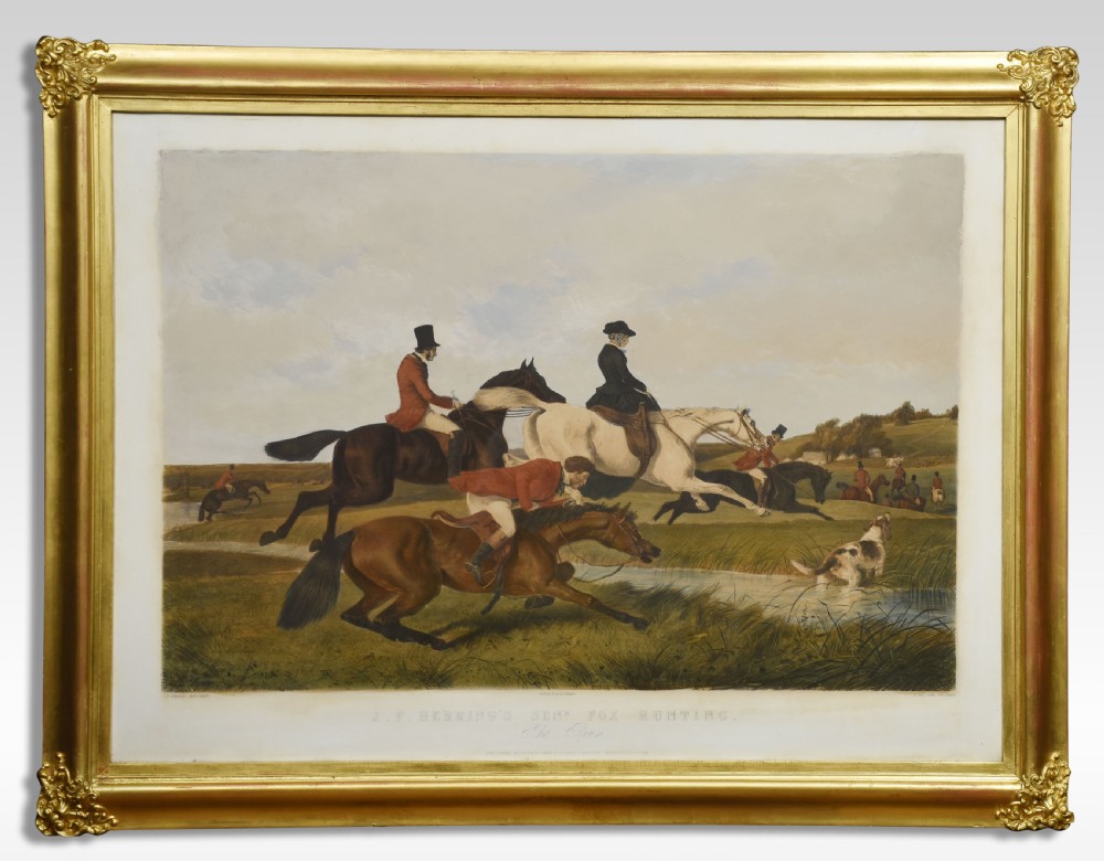 A set of four Victorian colour engravings depicting equestrian scenes with riders in hunting attire, side-saddle horses, and foxhounds in landscape settings. View V