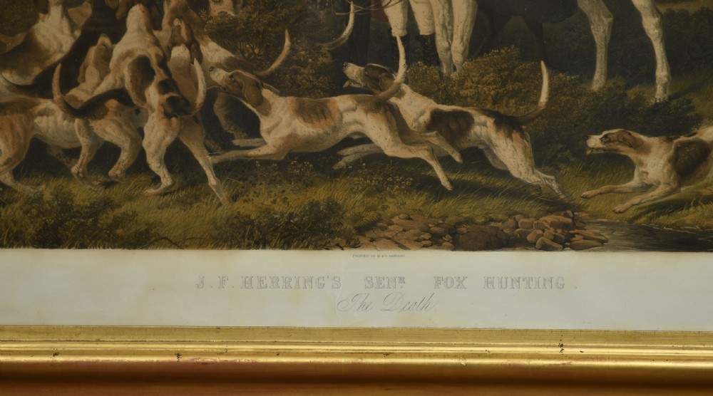 A set of four Victorian colour engravings depicting equestrian scenes with riders in hunting attire, side-saddle horses, and foxhounds in landscape settings. View VI
