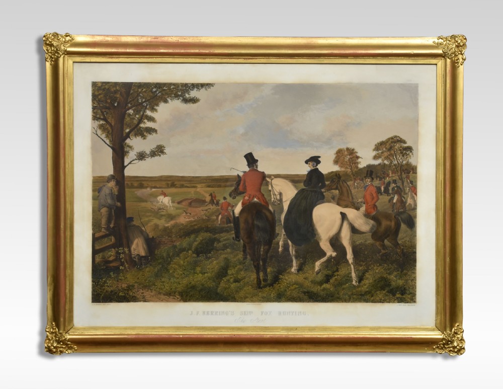 A set of four Victorian colour engravings depicting equestrian scenes with riders in hunting attire, side-saddle horses, and foxhounds in landscape settings. View VII