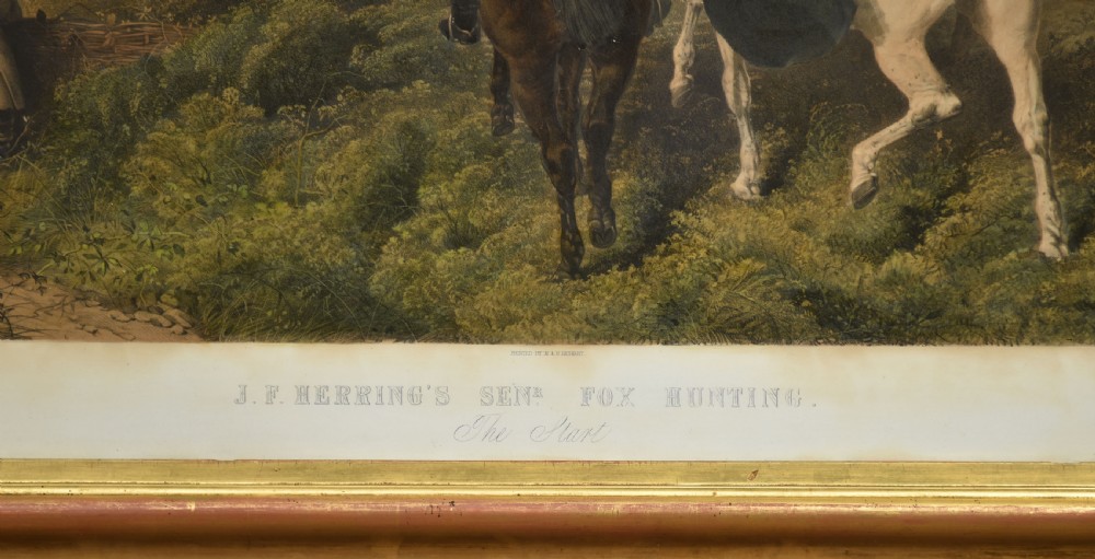 A set of four Victorian colour engravings depicting equestrian scenes with riders in hunting attire, side-saddle horses, and foxhounds in landscape settings. View VIII