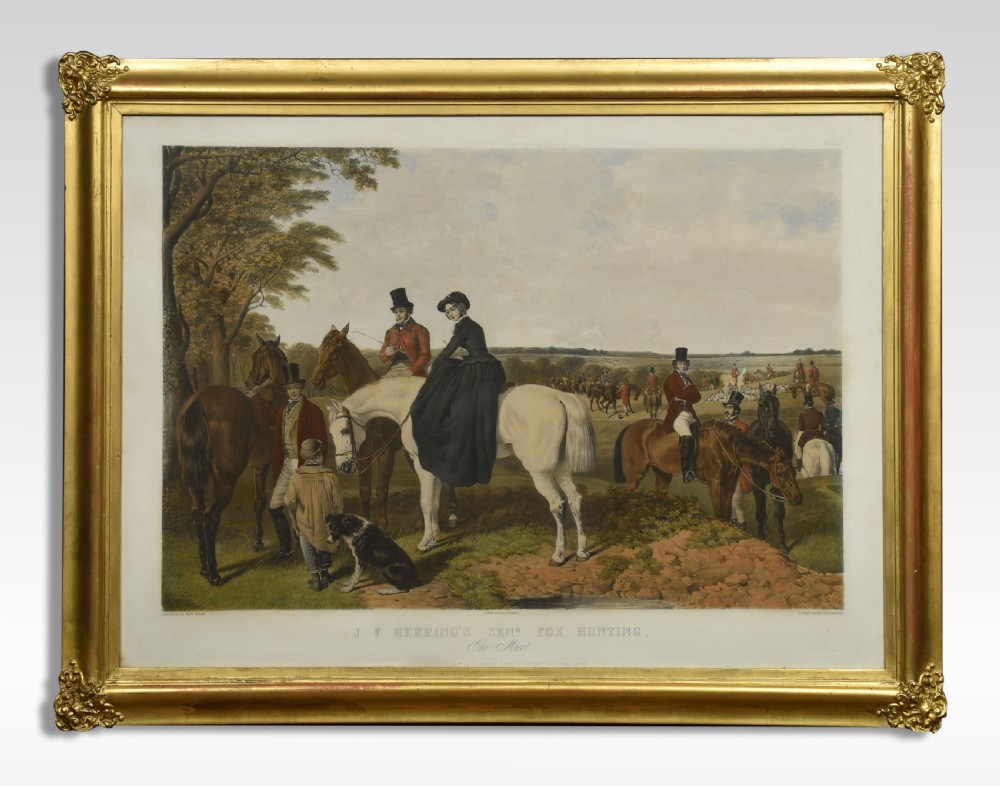 A set of four Victorian colour engravings depicting equestrian scenes with riders in hunting attire, side-saddle horses, and foxhounds in landscape settings. View IX
