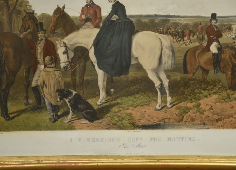 A set of four Victorian colour engravings depicting equestrian scenes with riders in hunting attire, side-saddle horses, and foxhounds in landscape settings. View X
