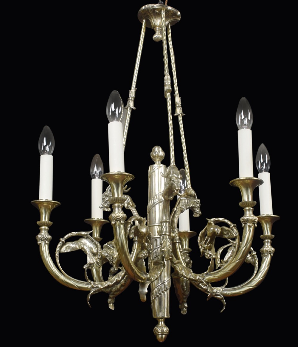 French Brass Six Branch Chandelier