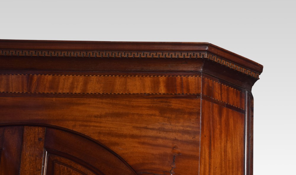 A tall, floor-standing mahogany corner cupboard with upper arched panelled doors, lower rectangular panelled doors, and brass hinges. View VII