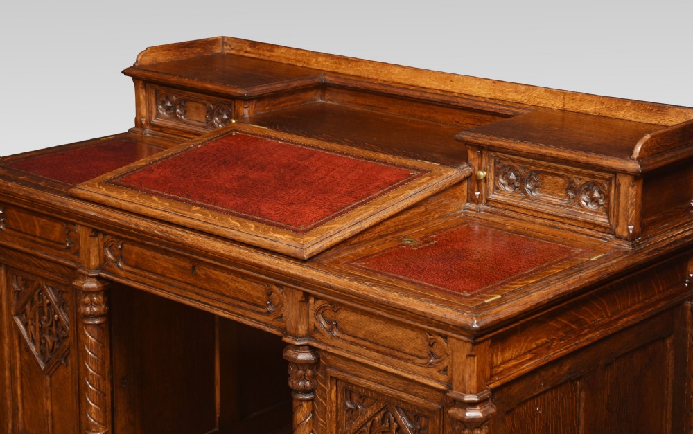 Gothic revival oak dickens style desk View IX