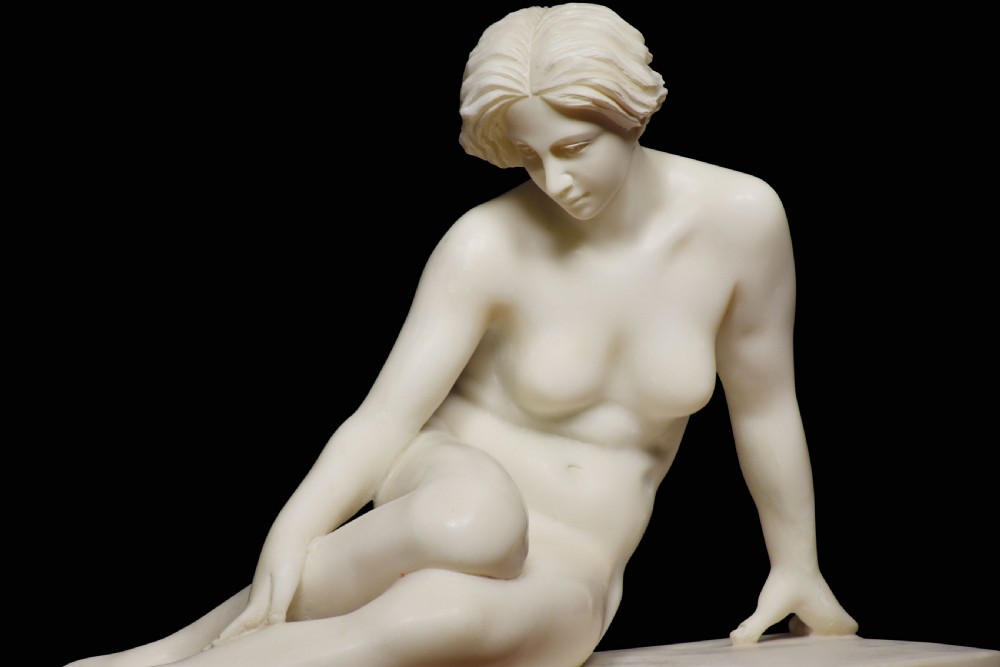Carrara marble sculpture of reclining Maiden View VI