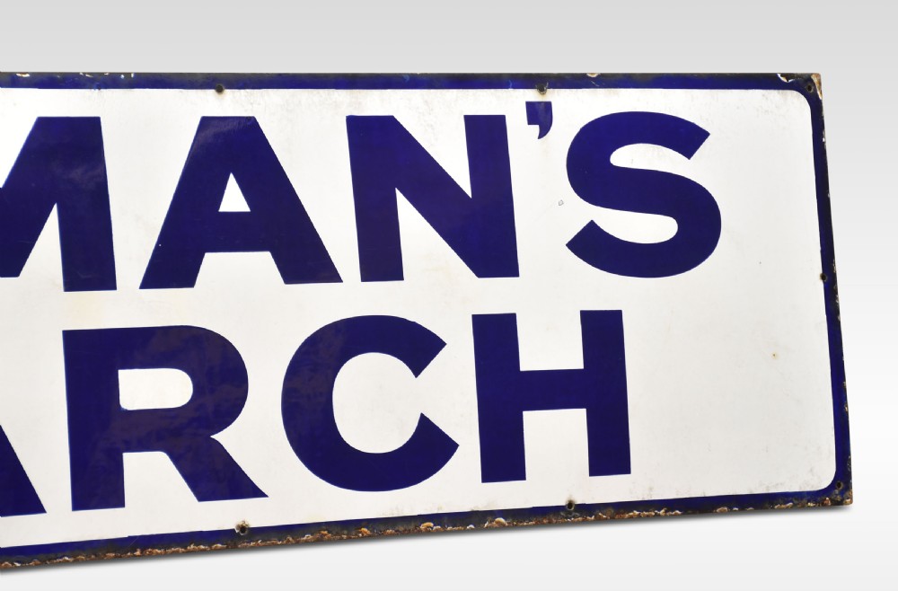 A rectangular antique vitreous enamel sign featuring dark blue block lettering reading COLMANS STARCH on a white background with a dark blue border. View III