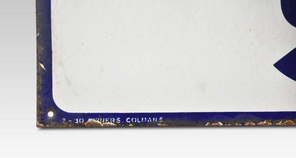 A rectangular antique vitreous enamel sign featuring dark blue block lettering reading COLMANS STARCH on a white background with a dark blue border. View IV