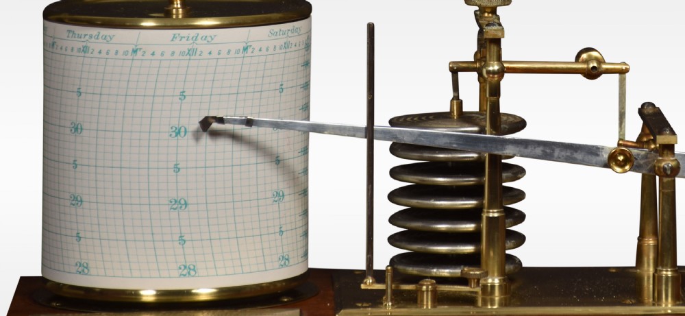 An antique walnut cased barograph featuring bevelled glass panels, a brass clockwork recording drum, and an aneroid mechanism set on a moulded wooden base. View VI