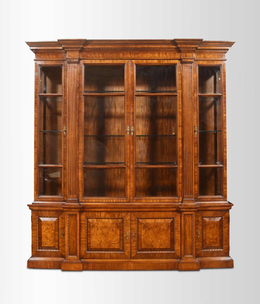 Georgian style walnut breakfront display cabinet