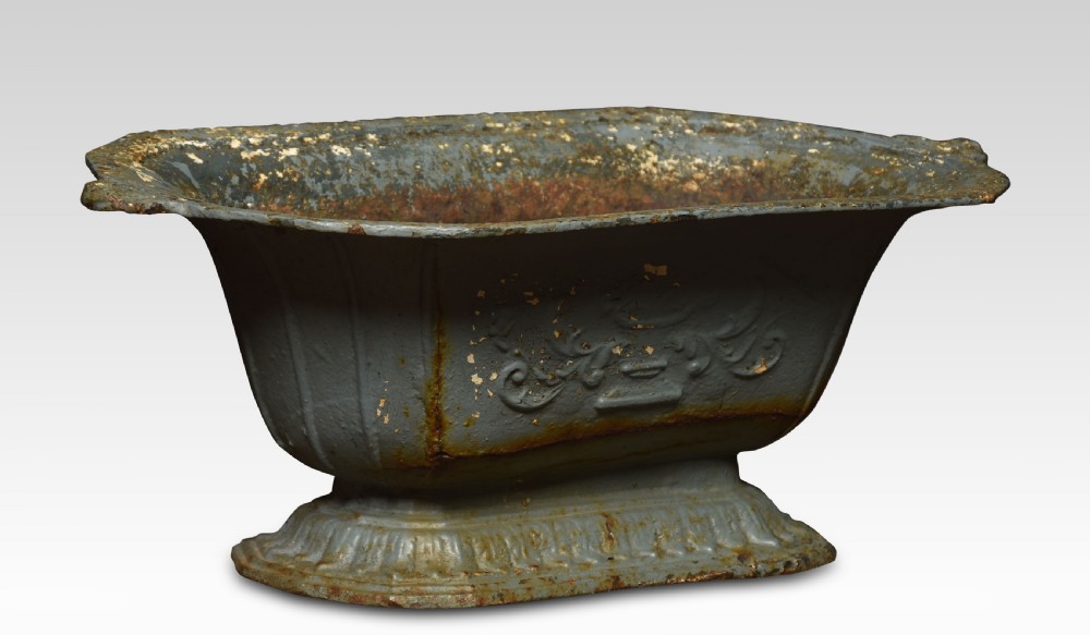 A pair of 19th-century slate grey cast iron trough planters with neoclassical relief decoration and a weathered paint finish. View IV