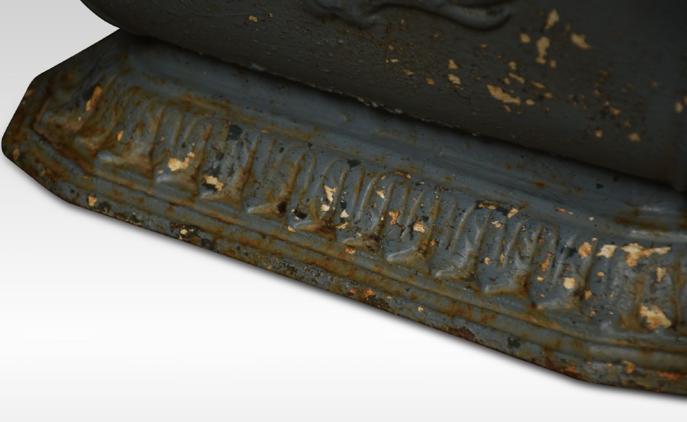 A pair of 19th-century slate grey cast iron trough planters with neoclassical relief decoration and a weathered paint finish. View VI
