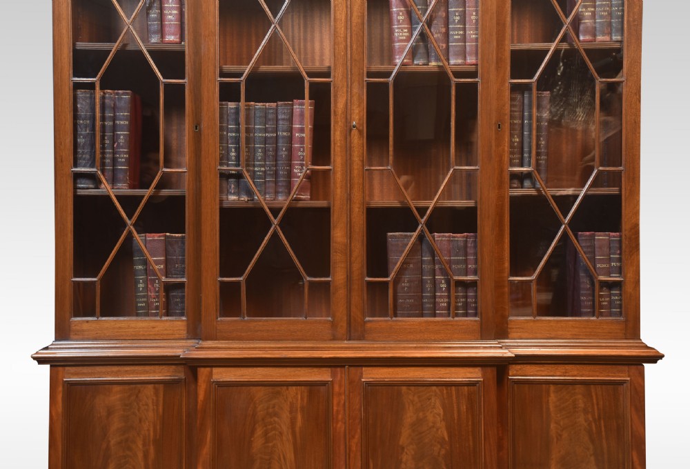 Mahogany breakfront library bookcase View II