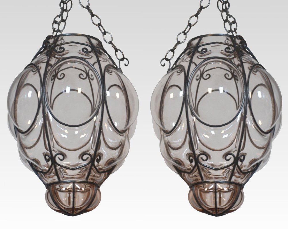 Pair of Murano pink Glass Caged Pendant