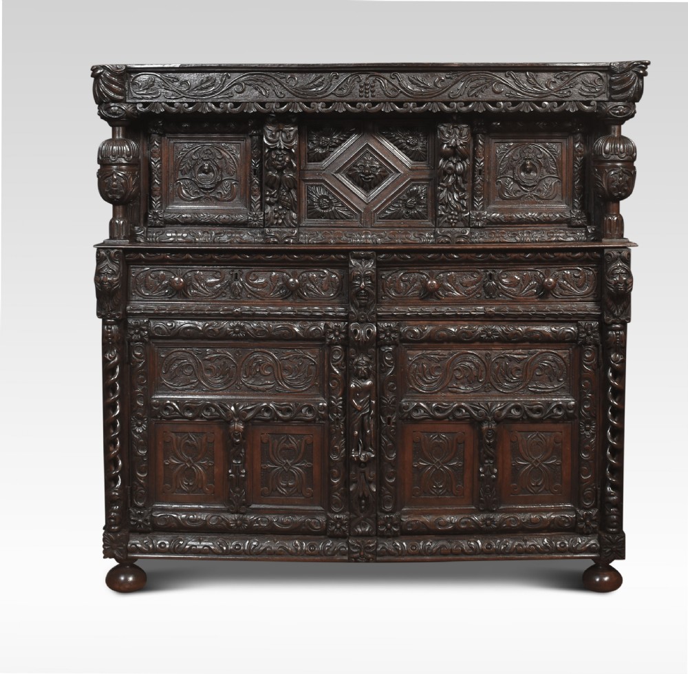  Fine Old Oak Profusely Carved court cupboard in Elizabethan manor