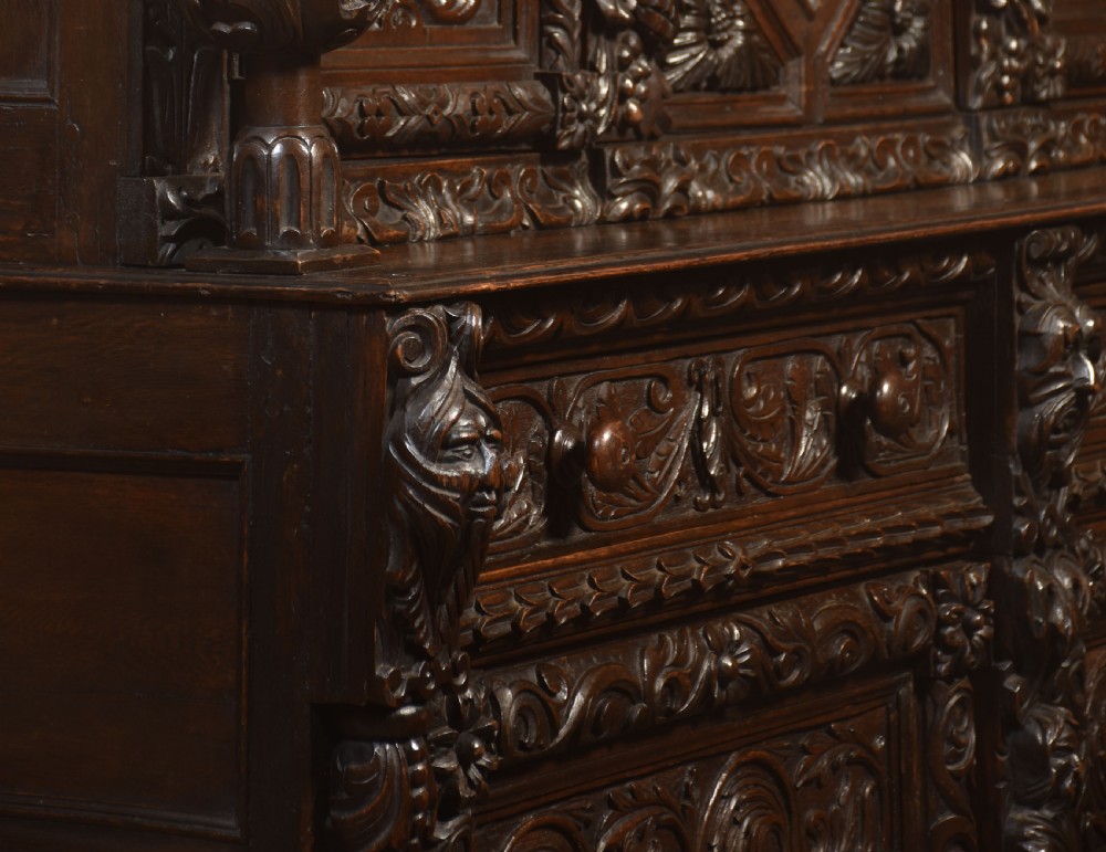  Fine Old Oak Profusely Carved court cupboard in Elizabethan manor View IV