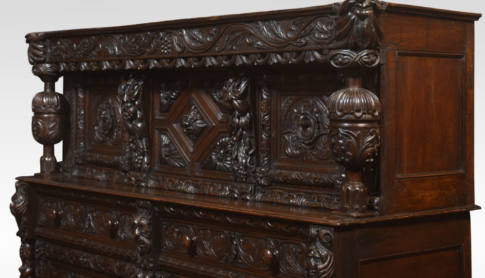  Fine Old Oak Profusely Carved court cupboard in Elizabethan manor View IX