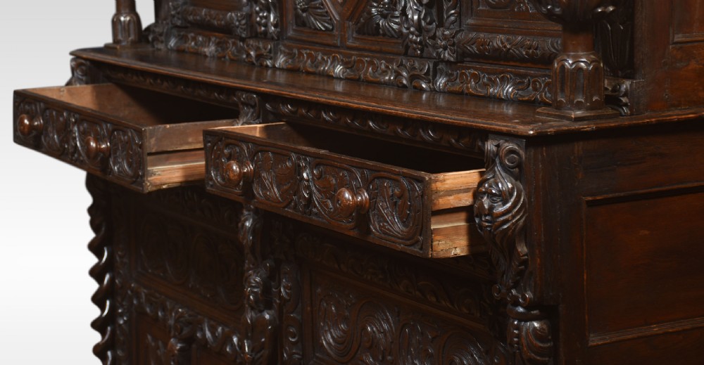  Fine Old Oak Profusely Carved court cupboard in Elizabethan manor View X