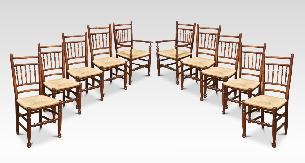 Set of ten spindle back dining chairs