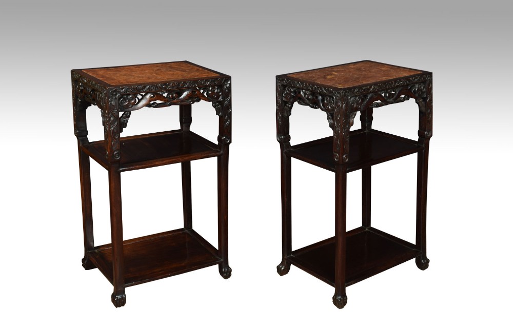 Pair Of Chinese Rosewood And Marble Urn Stands