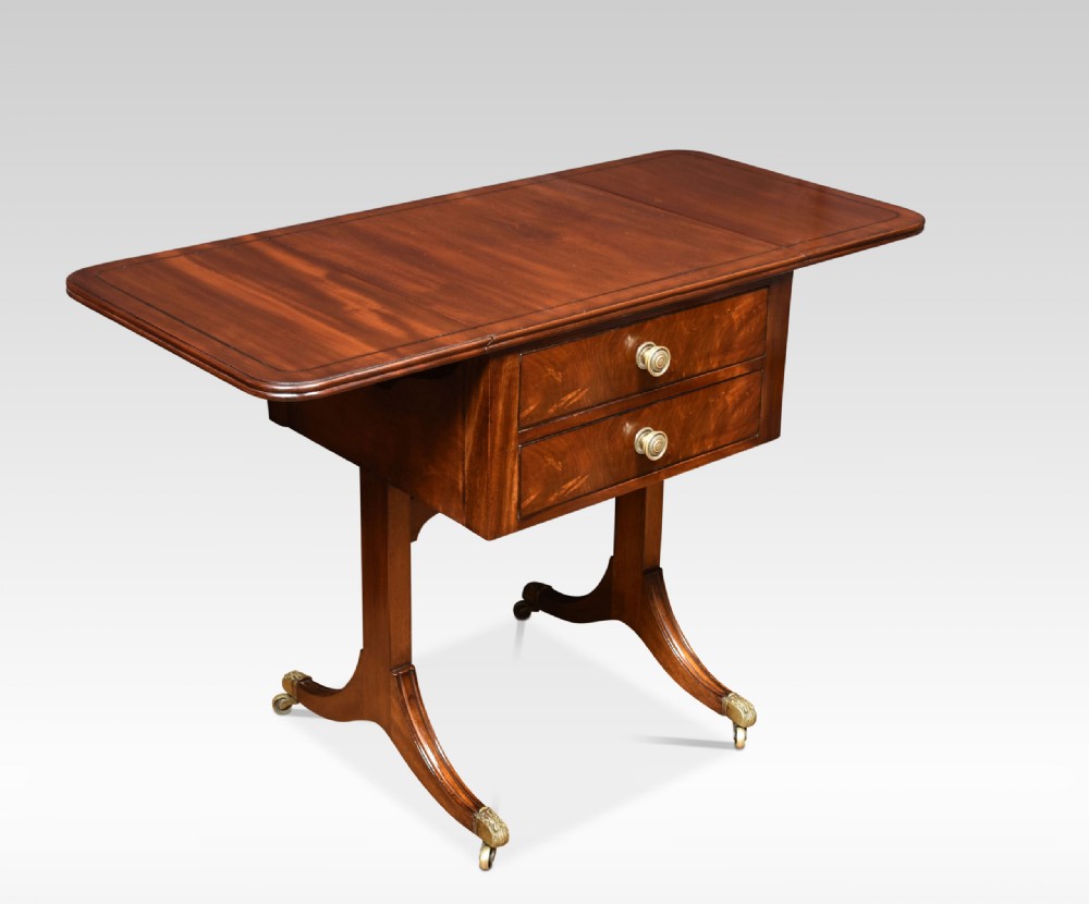 A Regency mahogany drop-leaf sofa table featuring two front drawers with brass knobs, mounted on splayed sabre legs with brass paw castors. View IV