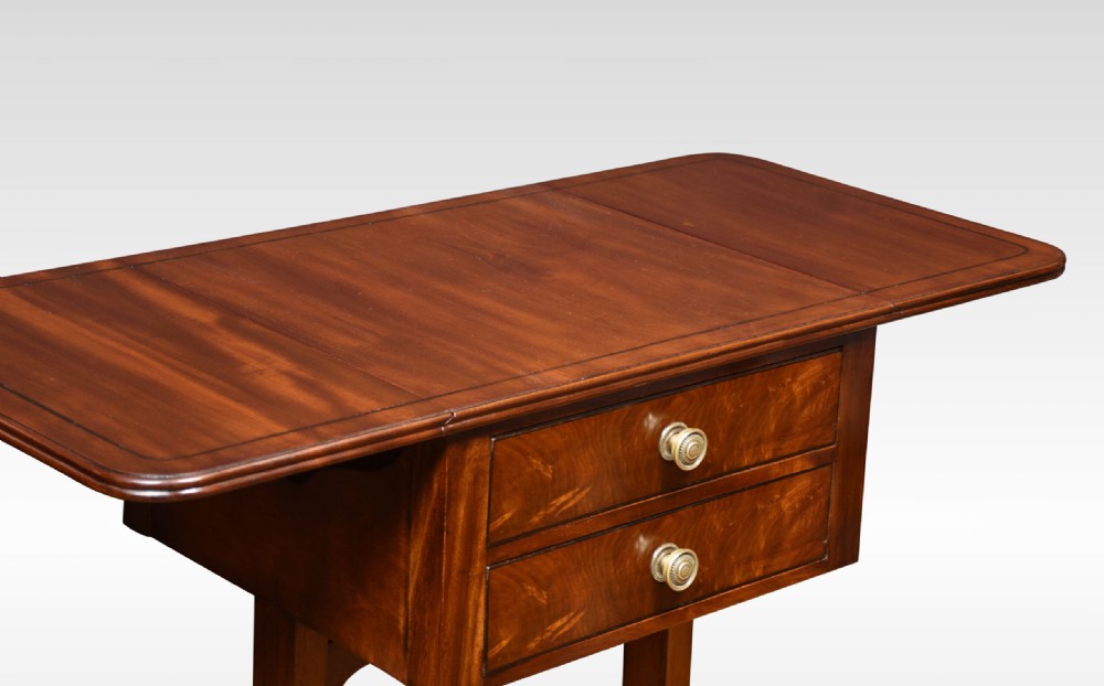 A Regency mahogany drop-leaf sofa table featuring two front drawers with brass knobs, mounted on splayed sabre legs with brass paw castors. View V