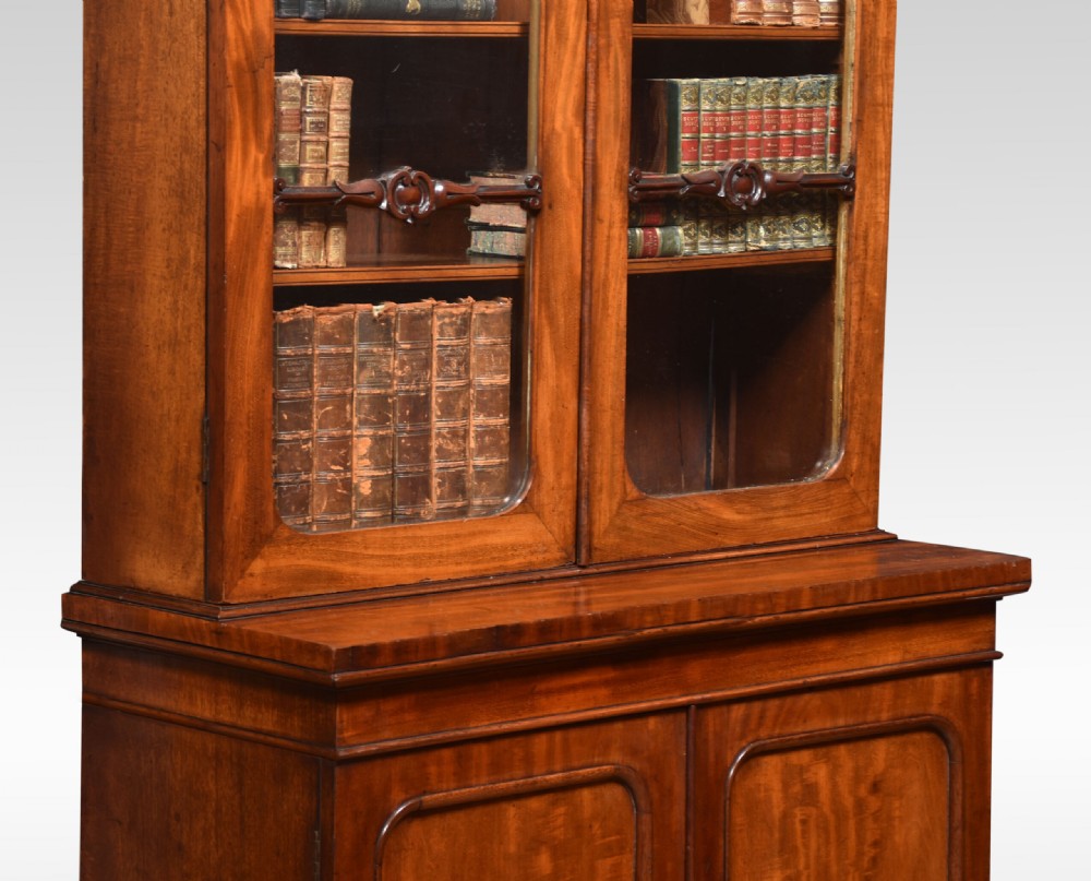 A tall narrow mahogany bookcase featuring an upper glazed two-door section with shelves set above a two-door panelled cupboard base. View V
