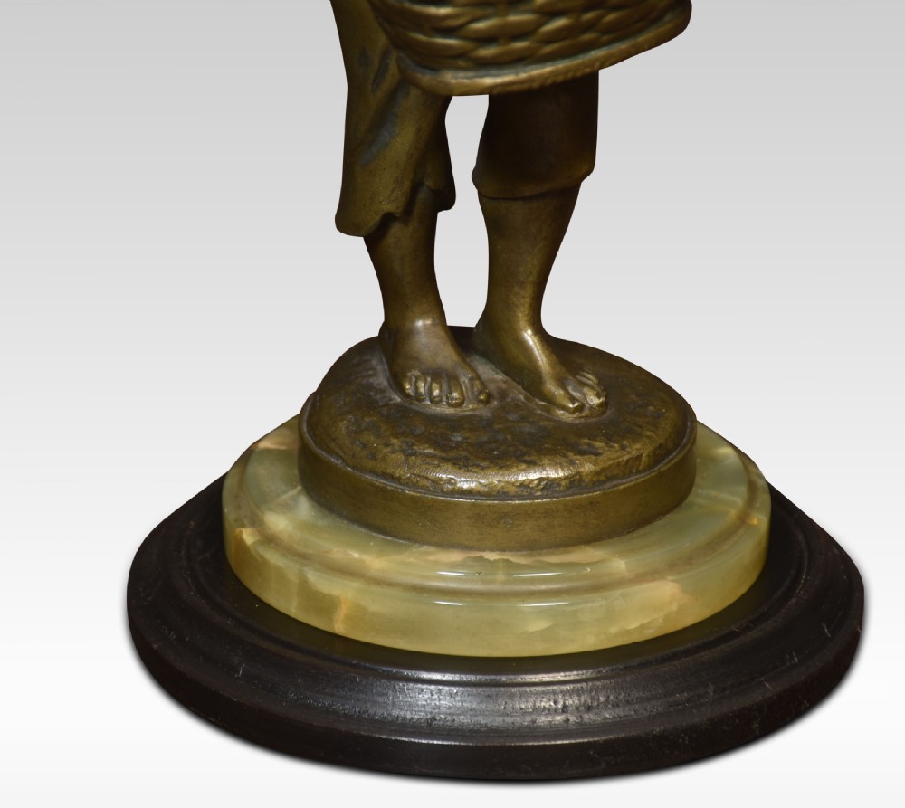 A pair of bronzed French spelter figures depicting a young boy with a basket and a young girl with a tray on alabaster and wooden bases. View V