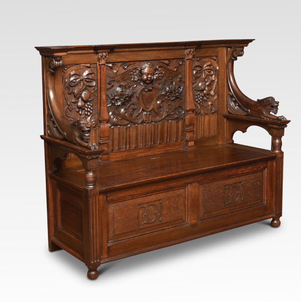 Carved Oak Hall Settle View III