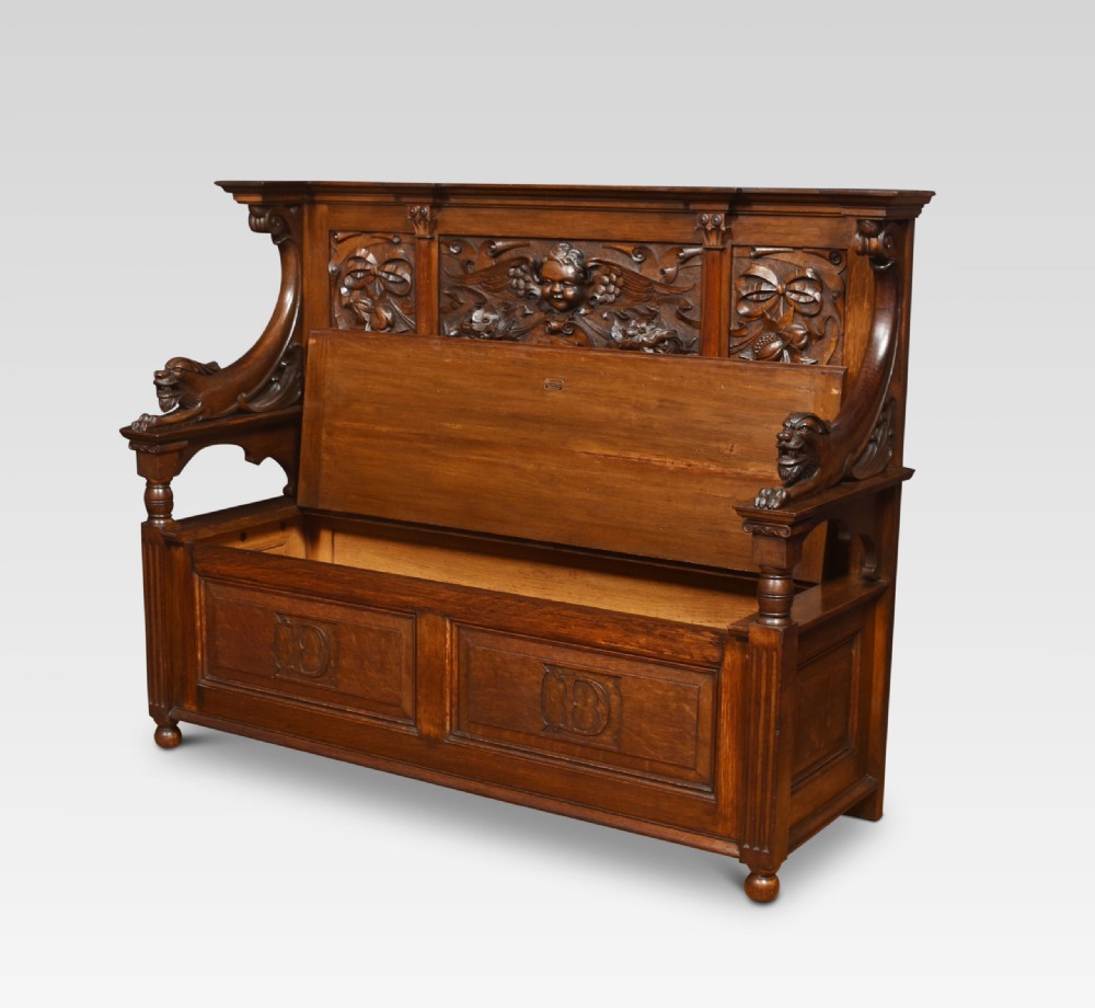 Carved Oak Hall Settle View VI