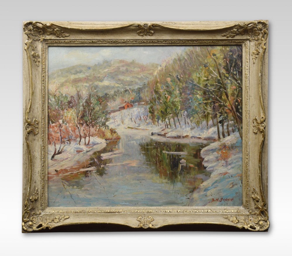 An impressionist oil painting on canvas depicting a snowy river landscape set within a ornate swept cream and gilt frame, signed B. H. Stone.