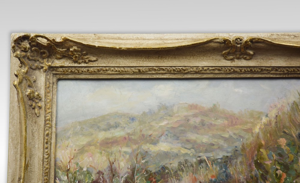 An impressionist oil painting on canvas depicting a snowy river landscape set within a ornate swept cream and gilt frame, signed B. H. Stone. View III
