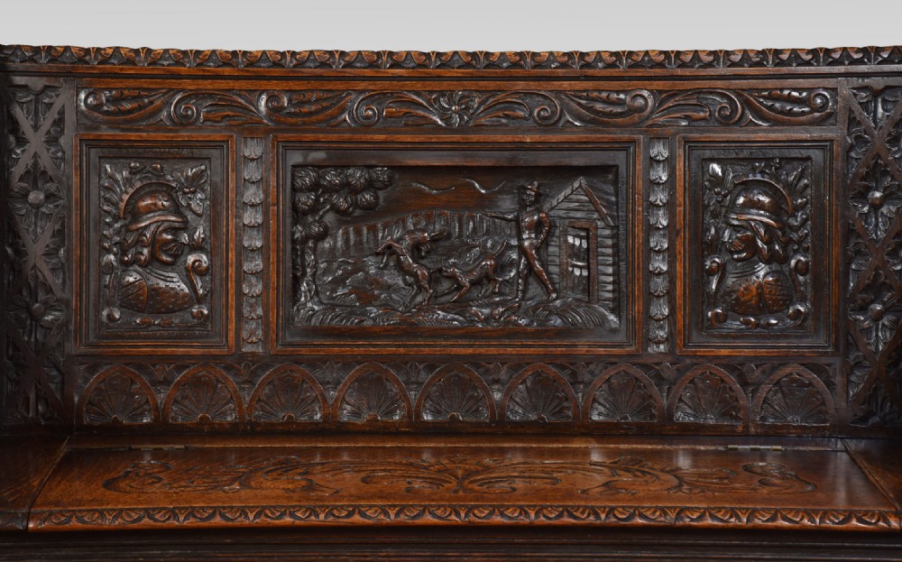 Carved Oak Hall Settle View III