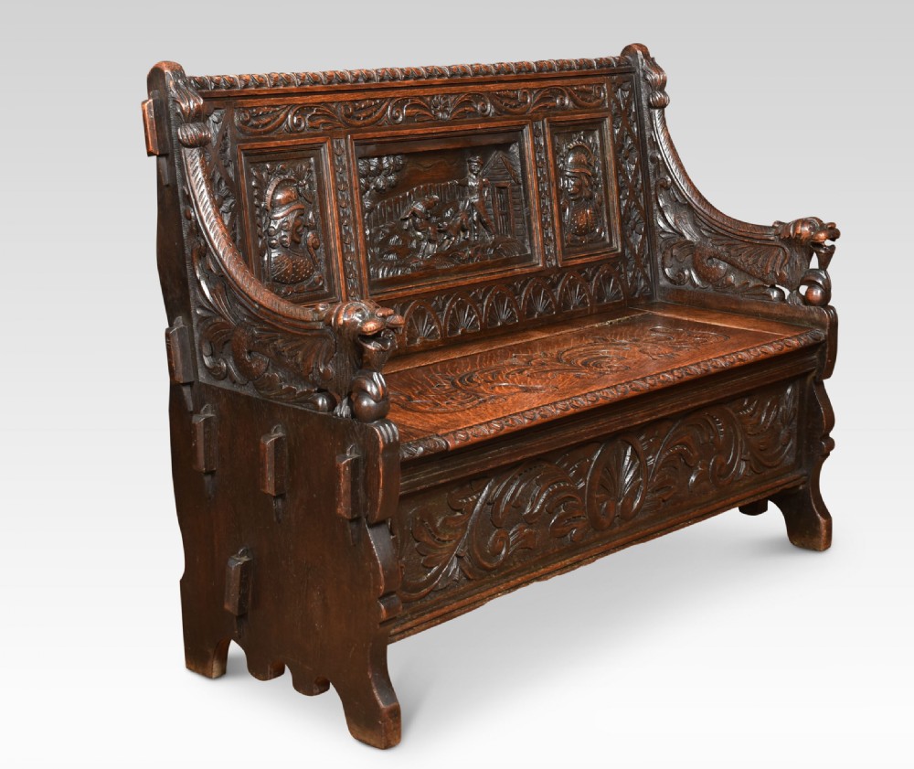 Carved Oak Hall Settle View V