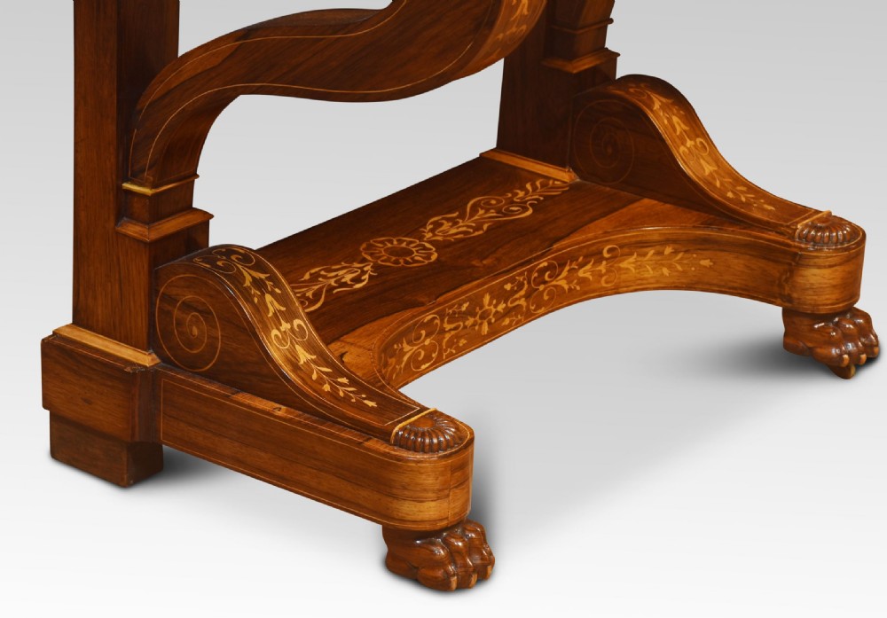 An antique 19th-century rosewood dressing table featuring floral marquetry inlay, a white marble top, and an oval swivel mirror flanked by swan-neck supports. View III