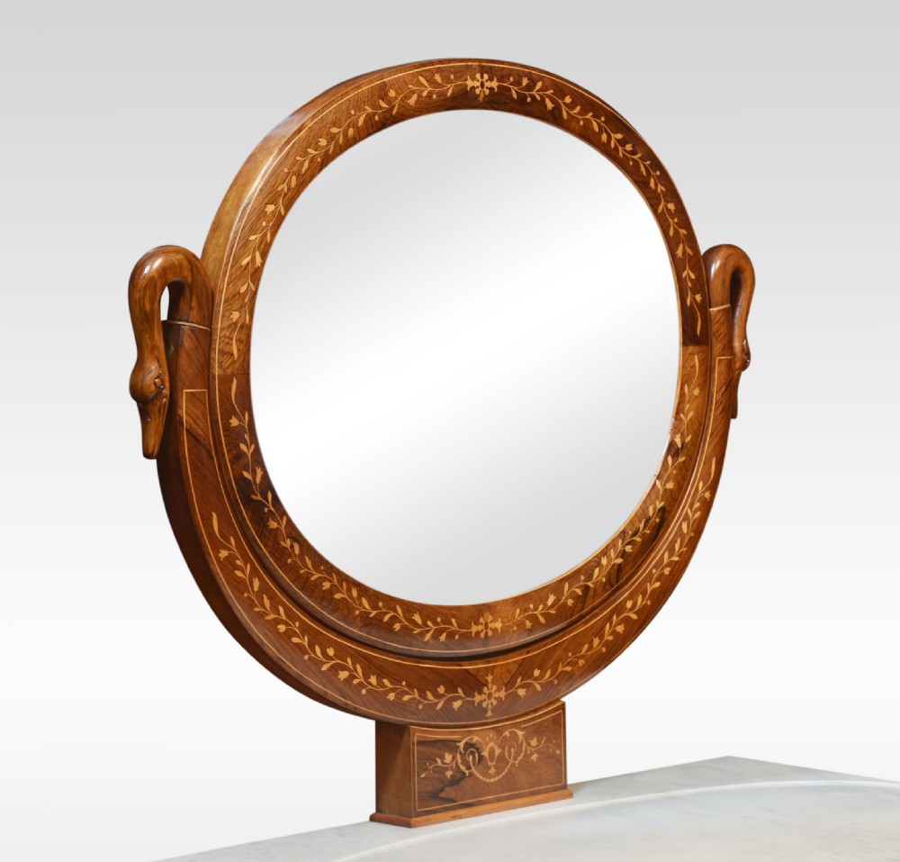 An antique 19th-century rosewood dressing table featuring floral marquetry inlay, a white marble top, and an oval swivel mirror flanked by swan-neck supports. View VI