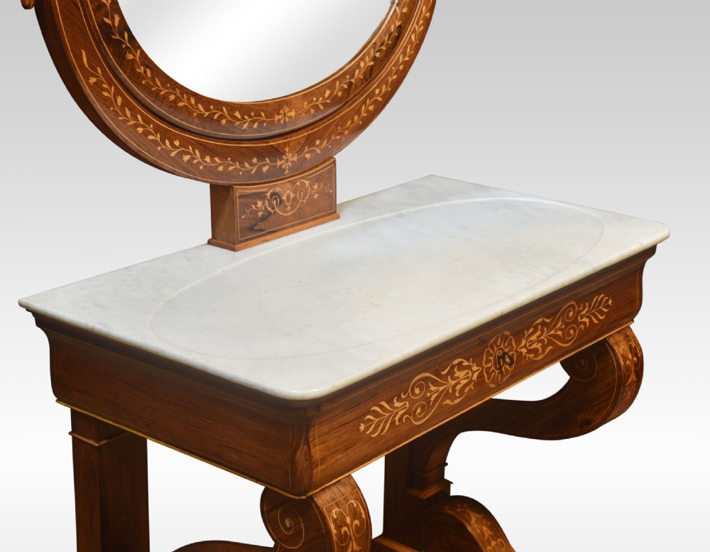 An antique 19th-century rosewood dressing table featuring floral marquetry inlay, a white marble top, and an oval swivel mirror flanked by swan-neck supports. View IX