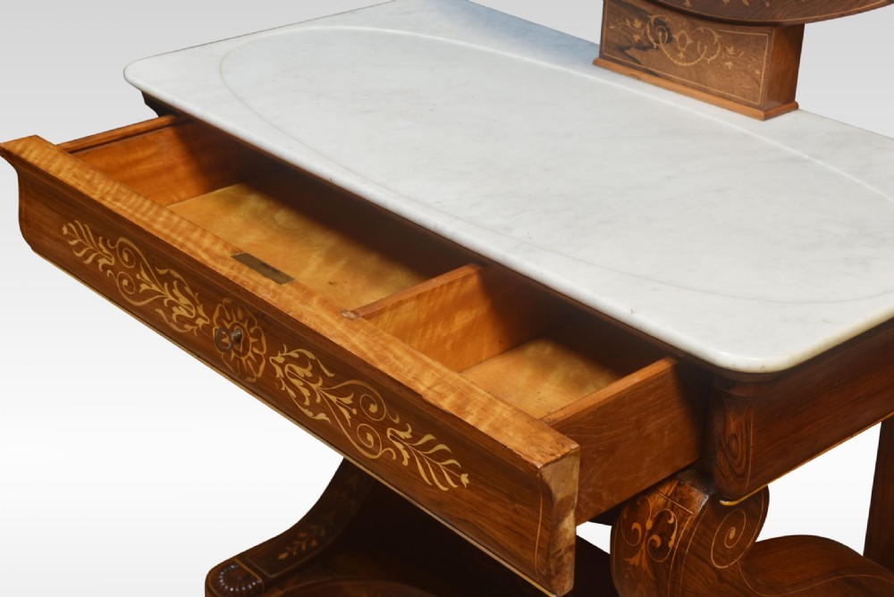 An antique 19th-century rosewood dressing table featuring floral marquetry inlay, a white marble top, and an oval swivel mirror flanked by swan-neck supports. View XI