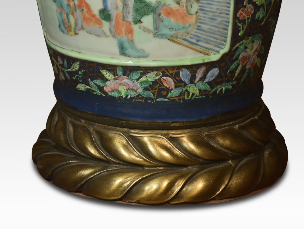 A 19th-century Chinese hand-painted porcelain vase converted into a table lamp with brass mounts and a cream pleated fabric shade. View III