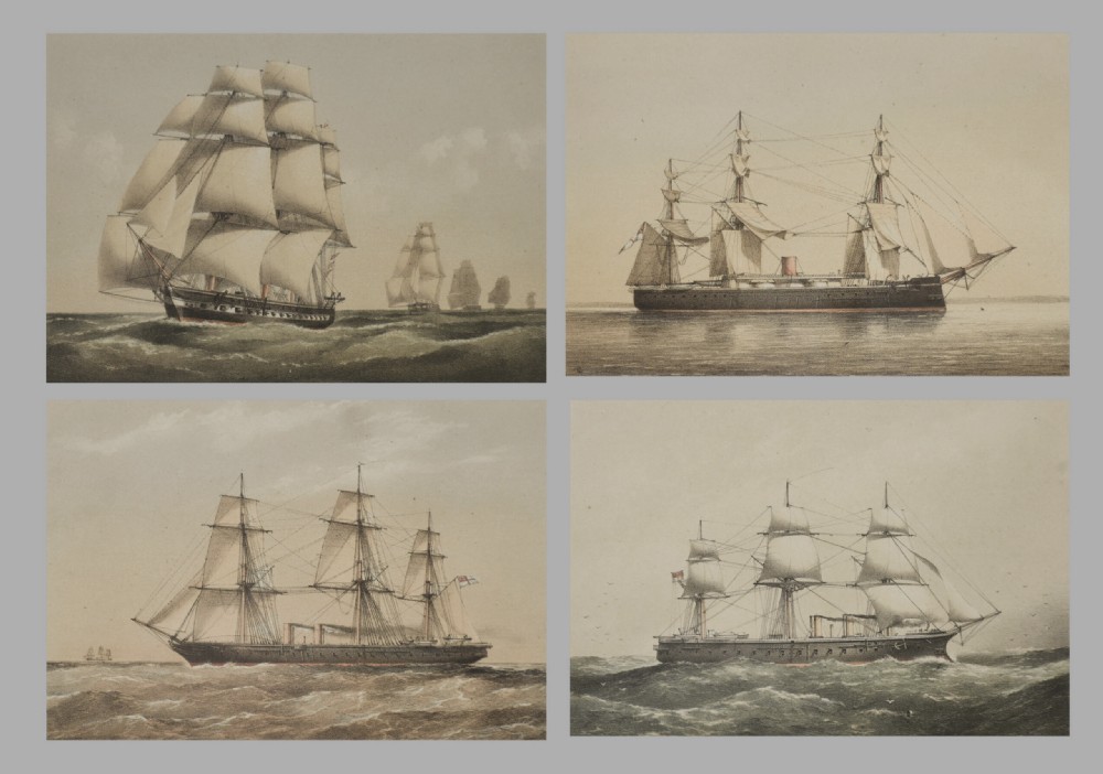 A set of four 19th-century lithographs depicting Victorian sail and steam naval ships riding ocean waves.