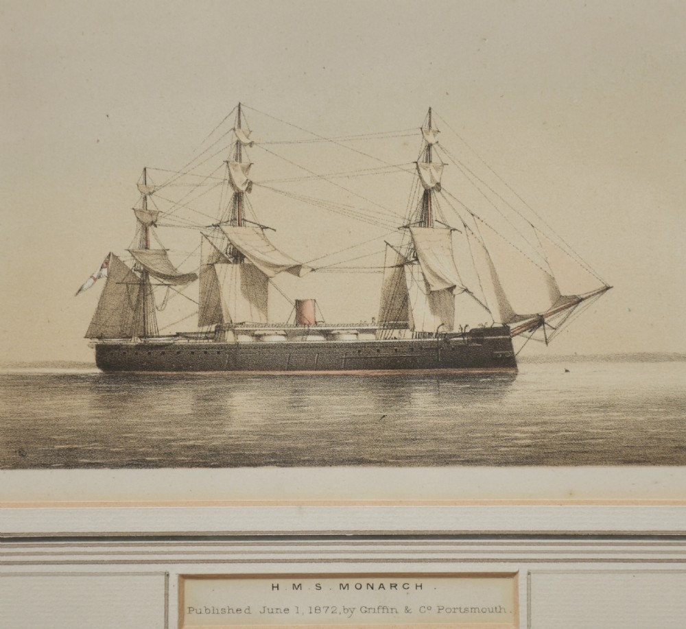 A set of four 19th-century lithographs depicting Victorian sail and steam naval ships riding ocean waves. View II