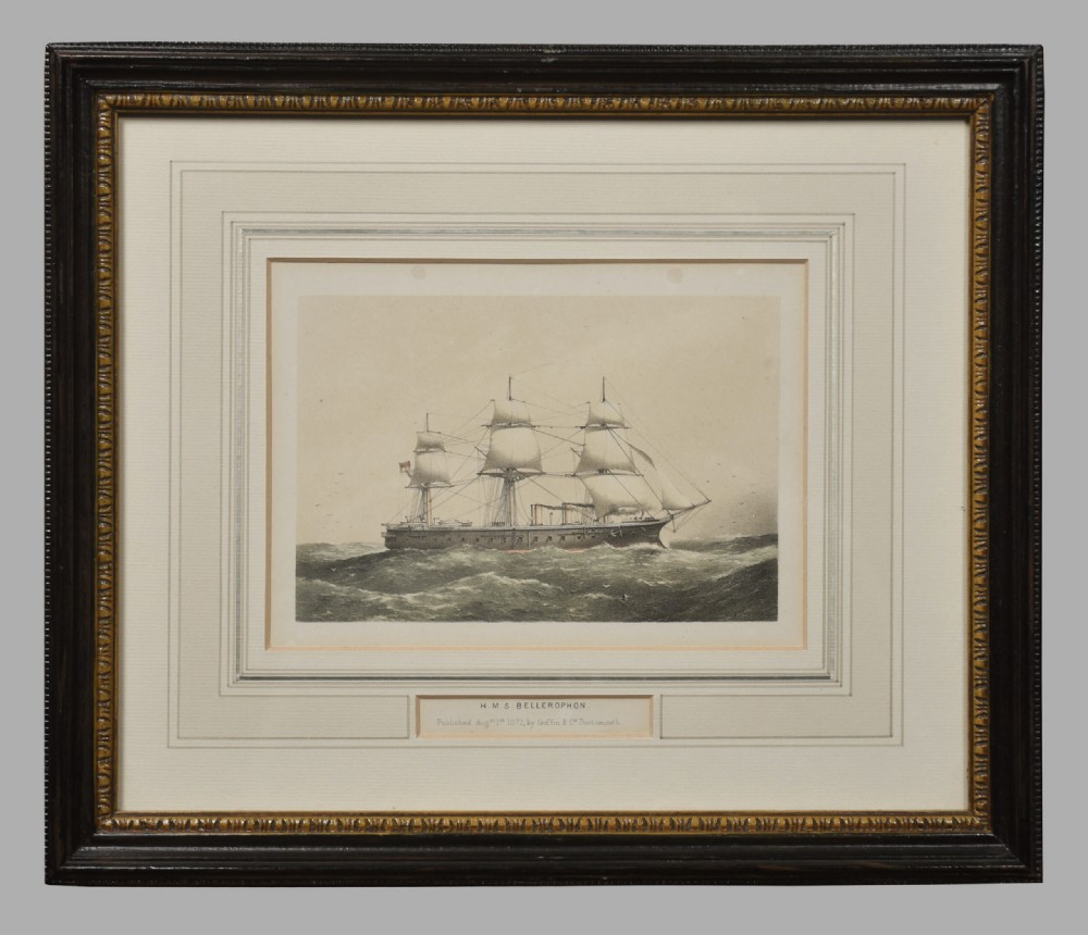 A set of four 19th-century lithographs depicting Victorian sail and steam naval ships riding ocean waves. View III