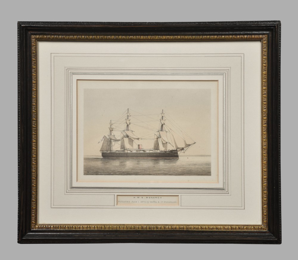 A set of four 19th-century lithographs depicting Victorian sail and steam naval ships riding ocean waves. View IV