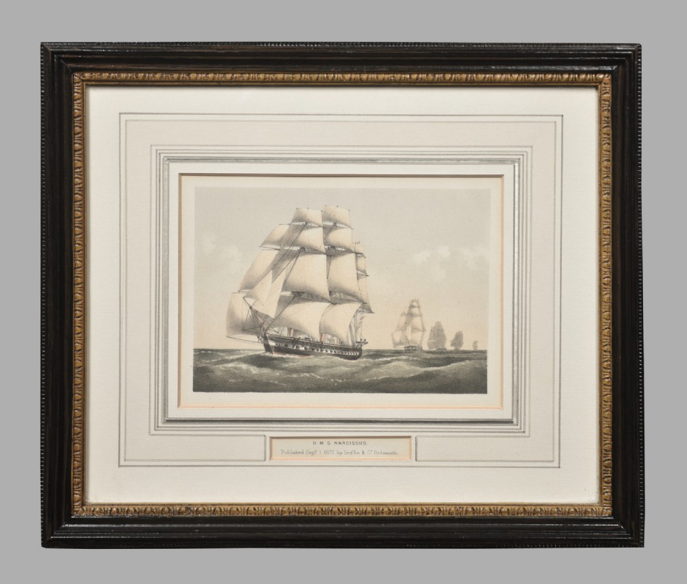 A set of four 19th-century lithographs depicting Victorian sail and steam naval ships riding ocean waves. View V