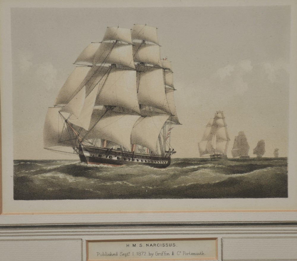A set of four 19th-century lithographs depicting Victorian sail and steam naval ships riding ocean waves. View VII