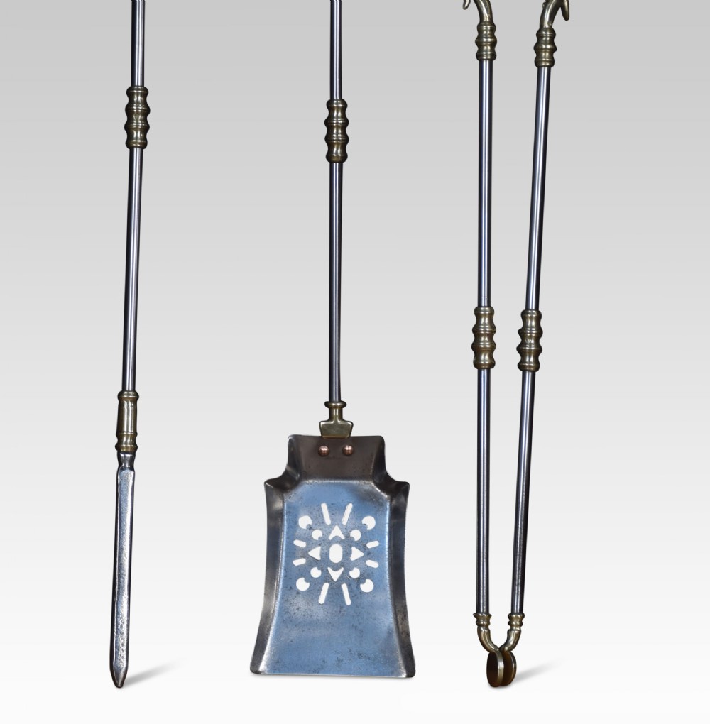 Polished Steel And Brass Triple Companion Fire Tool Set View II